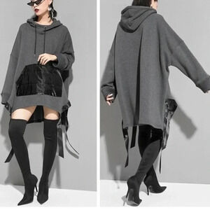 MEGUMI loose asymmetric gray hoodie streetwear sweatshirt loose one size